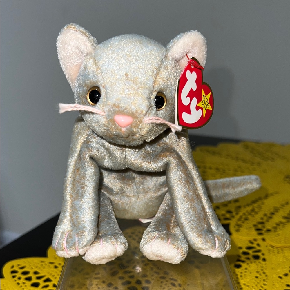 Ty Plush Cat in Shimmering Gray with Pink Accents